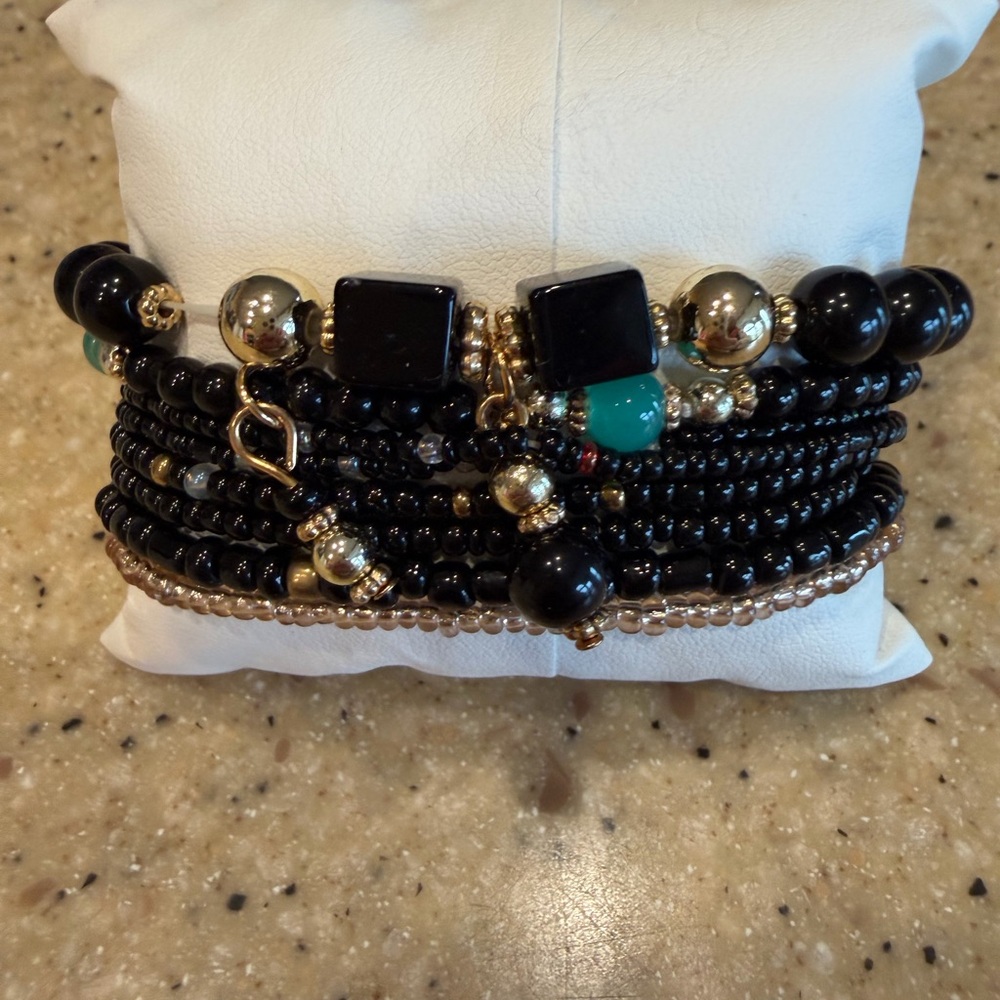 Multi-Strand Black and Gold Beaded Stack Bracelet with Teal Accent